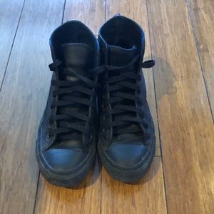 Black leather Converse high top sneakers